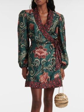 NWT Farm Rio Arabesque Dark Green Floral Silk Wrap Dress Size XXS Anthropologie